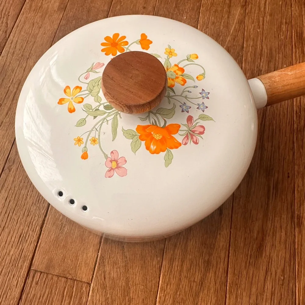Vintage Enamel Floral Saucepan Unisex 7in Wood Handle White Orange 1970s Kitchen